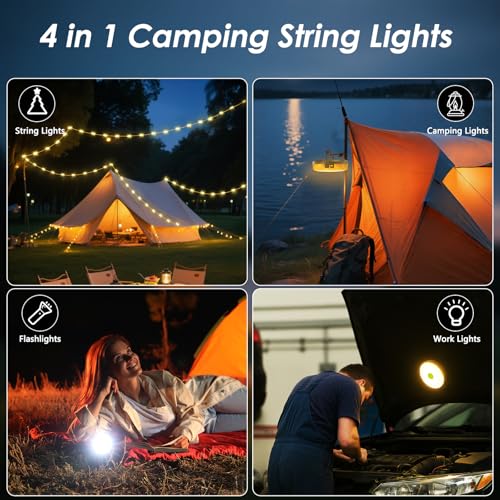 2 Pack Camping String Lights 4 in 1, 8 Modes Rechargeable Fairy Tent Lights