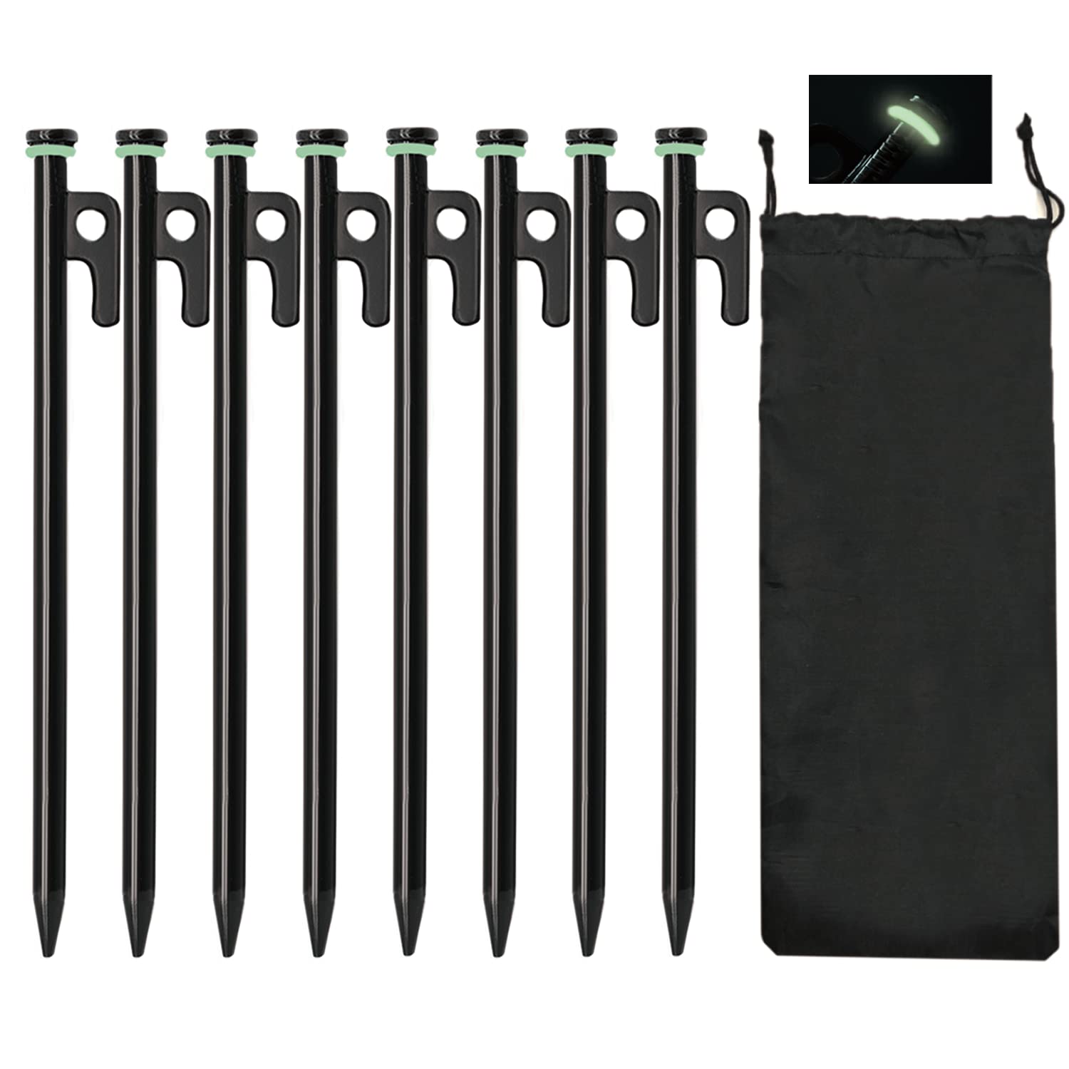 Heavy Duty 12-Pack 10in Forged Steel Tent Stakes + Hammer & Storage Pouch, Ideal for Camping on Rocks & Grassland