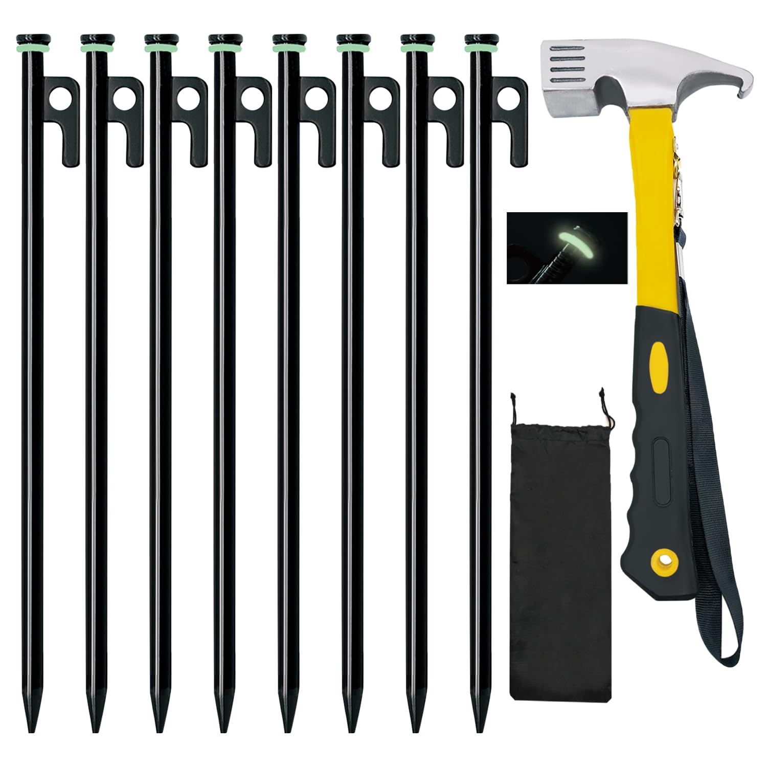 Heavy Duty 12-Pack 10in Forged Steel Tent Stakes + Hammer & Storage Pouch, Ideal for Camping on Rocks & Grassland
