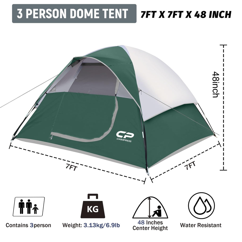 CAMPROS CP 3 Person Tent, Dome Tents for Camping with Rainfly, Waterproof Camping Tent Easy Set Up, Portable Family Tent with Large Mesh Window & Carry Bag for Outdoor Hiking
