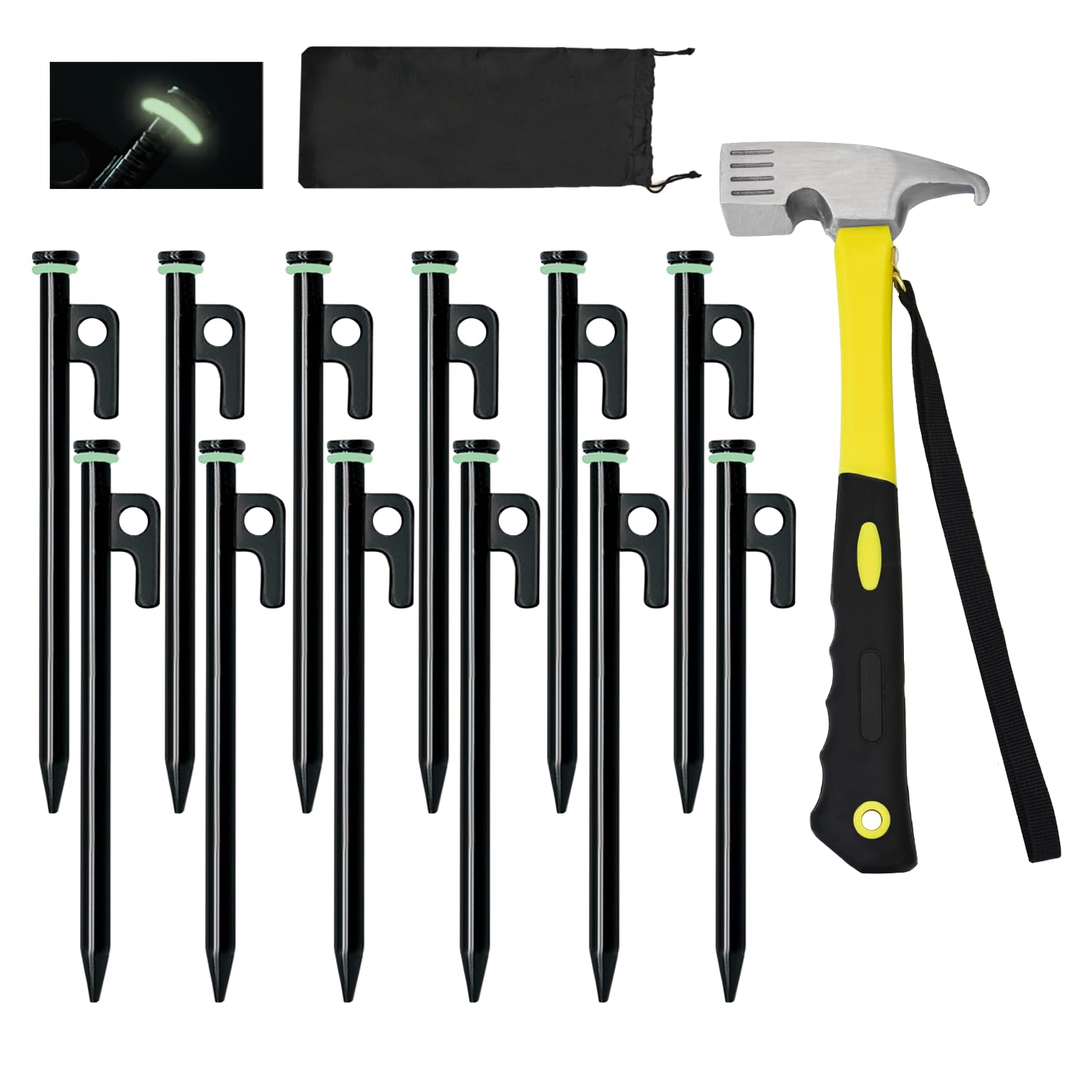 Heavy Duty 12-Pack 10in Forged Steel Tent Stakes + Hammer & Storage Pouch, Ideal for Camping on Rocks & Grassland