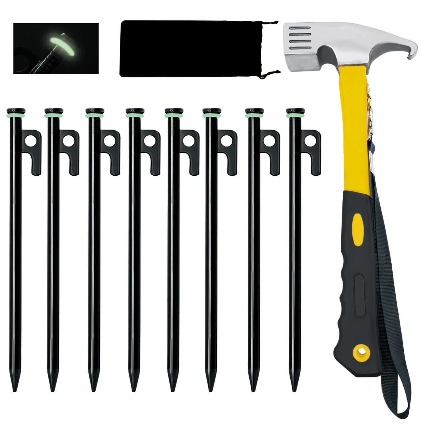 Heavy Duty 12-Pack 10in Forged Steel Tent Stakes + Hammer & Storage Pouch, Ideal for Camping on Rocks & Grassland