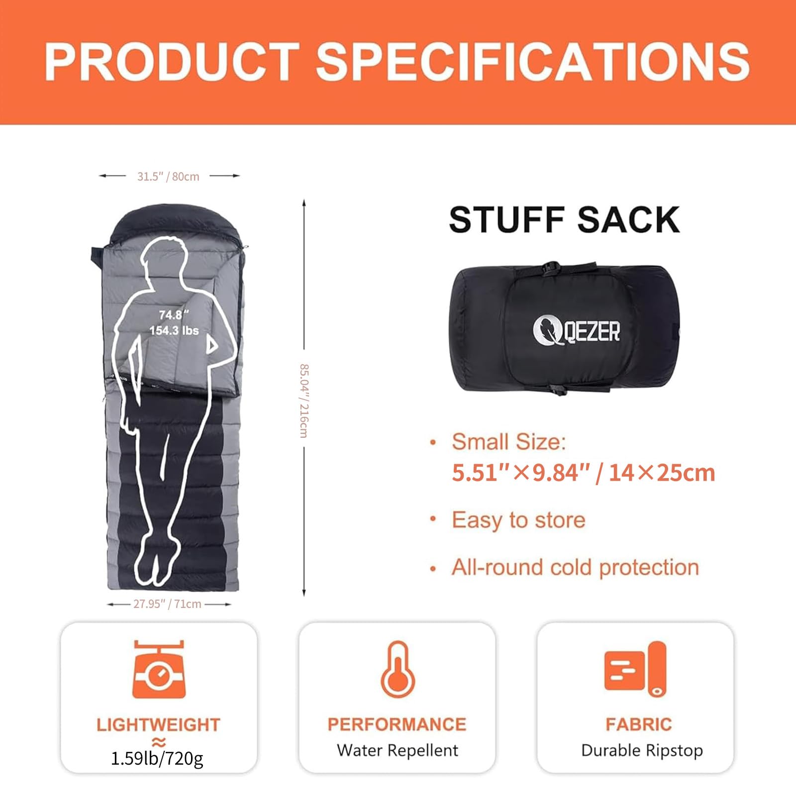 QEZER Down Sleeping Bag for Adults, 600FP Cold Warm Weather Backpacking