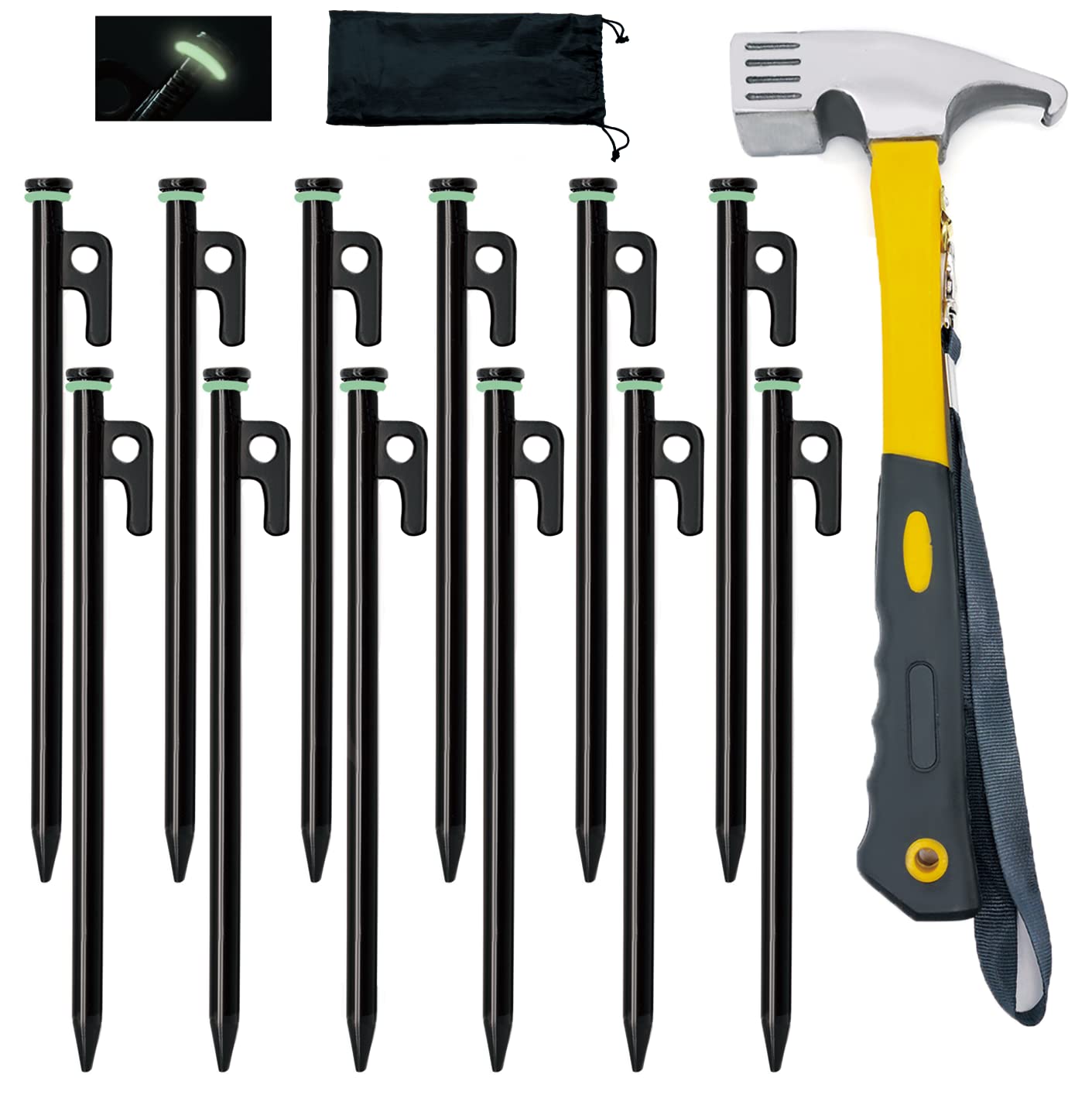 Heavy Duty 12-Pack 10in Forged Steel Tent Stakes + Hammer & Storage Pouch, Ideal for Camping on Rocks & Grassland