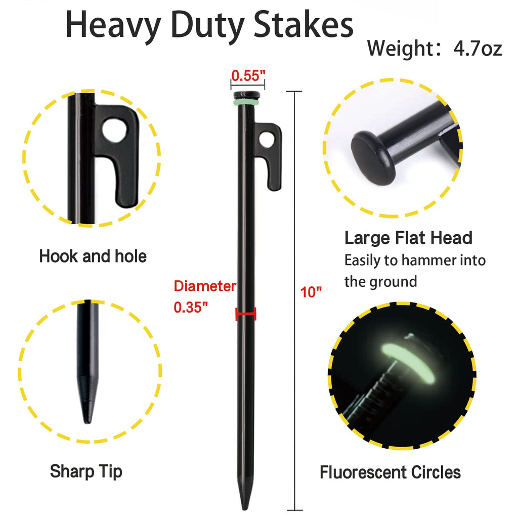 Heavy Duty 12-Pack 10in Forged Steel Tent Stakes + Hammer & Storage Pouch, Ideal for Camping on Rocks & Grassland