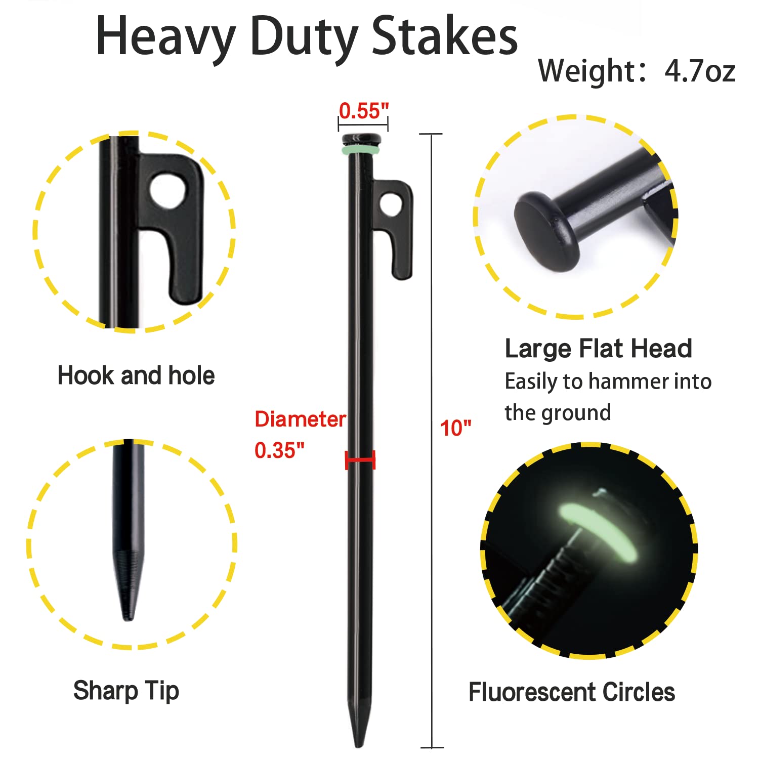 Heavy Duty 12-Pack 10in Forged Steel Tent Stakes + Hammer & Storage Pouch, Ideal for Camping on Rocks & Grassland