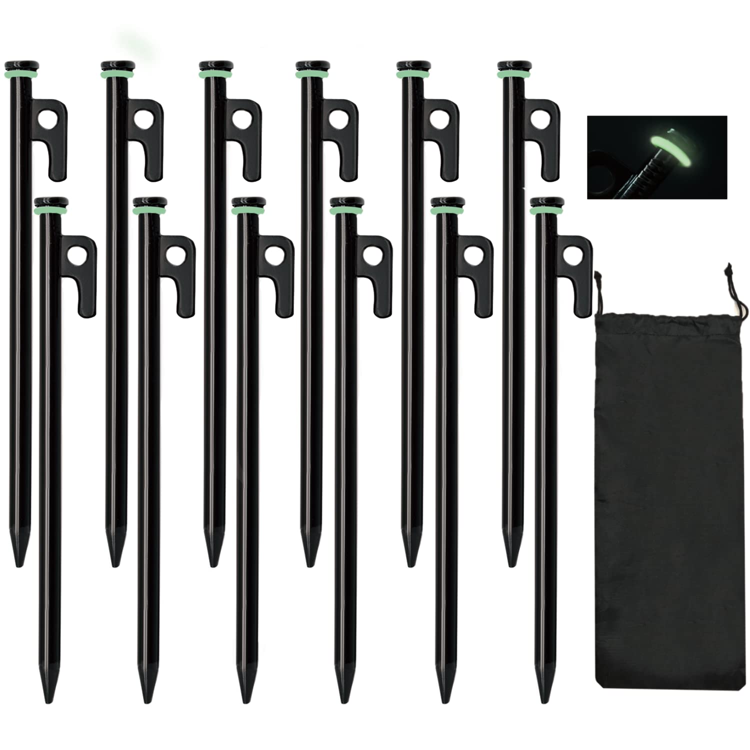 Heavy Duty 12-Pack 10in Forged Steel Tent Stakes + Hammer & Storage Pouch, Ideal for Camping on Rocks & Grassland