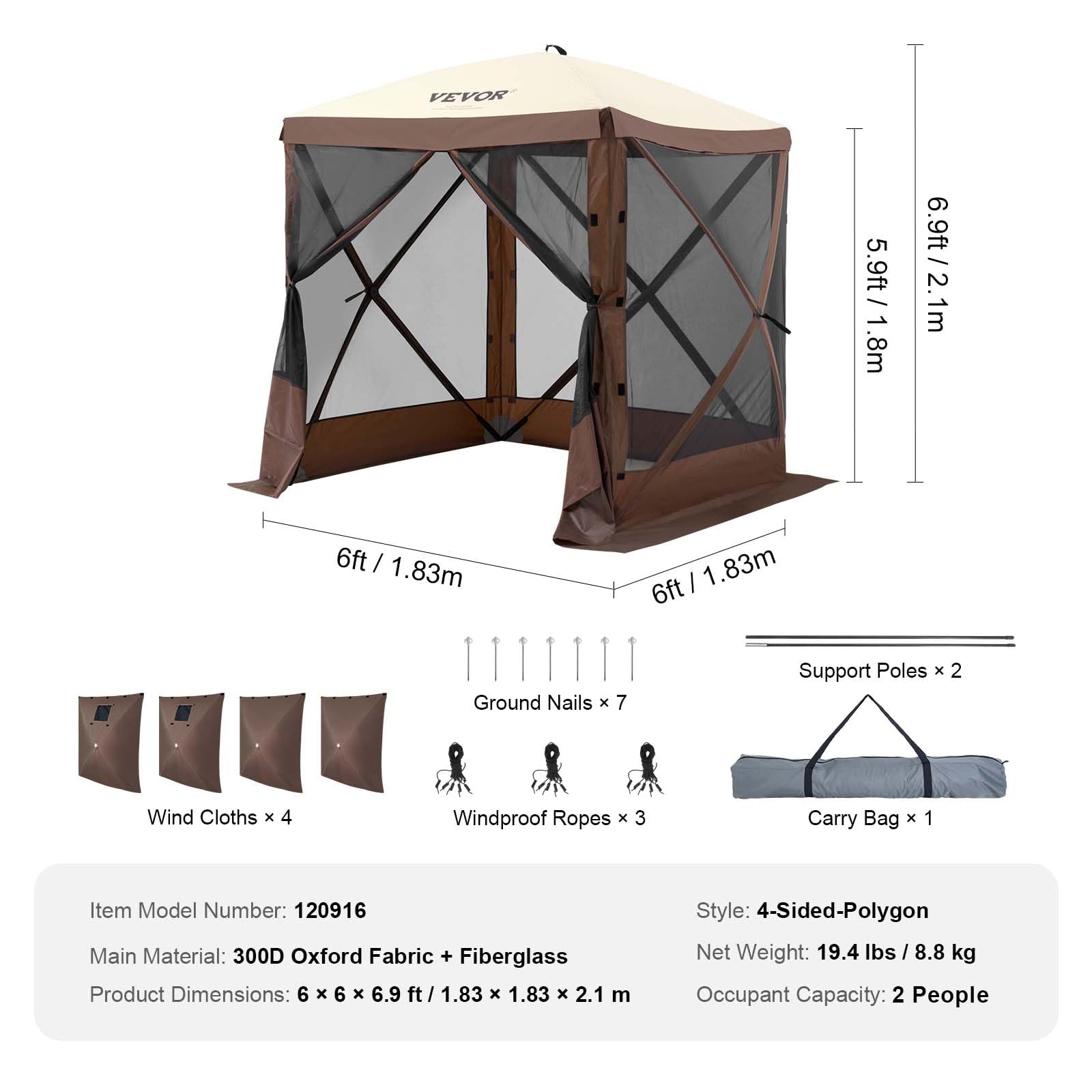 VEVOR 12x12ft Pop Up Gazebo Tent with Privacy Panels, Mosquito Netting & Removable Wind Cloths, 6-Sided Outdoor Canopy for Patio