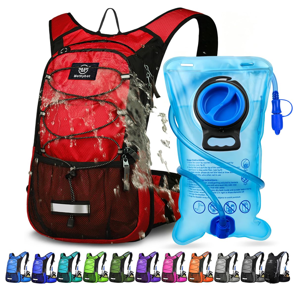 Mothybot Insulated Hydration Backpack Pack with 3L BPA Free Leak Proof Water Bladder, Large Storage Lightweight Hiking Daypack with Waist Pouches & Cooler Layer, for Running, Biking, Camping, Festival
