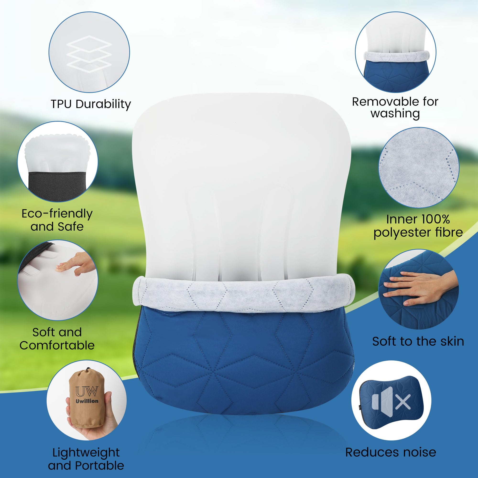 UWILLION Inflatable Camping Pillow with Removable Cover - Ultralight Inflatable Pillow Lightweight, Ergonomic and Washable for Camping, Hiking, and Travel