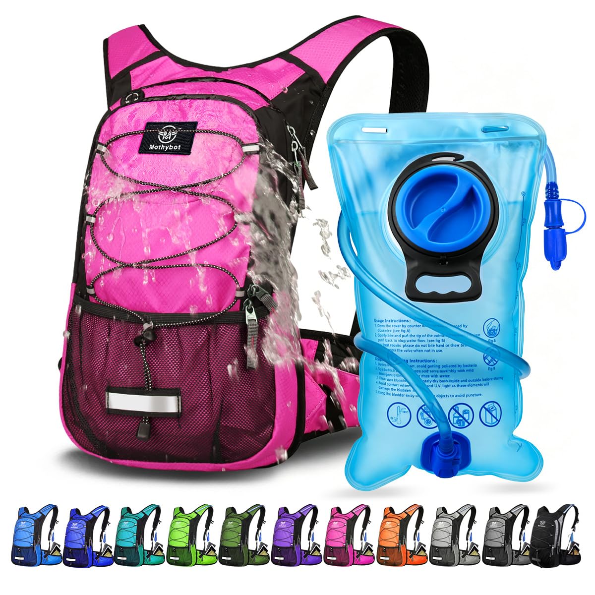 Mothybot Insulated Hydration Backpack Pack with 3L BPA Free Leak Proof Water Bladder, Large Storage Lightweight Hiking Daypack with Waist Pouches & Cooler Layer, for Running, Biking, Camping, Festival