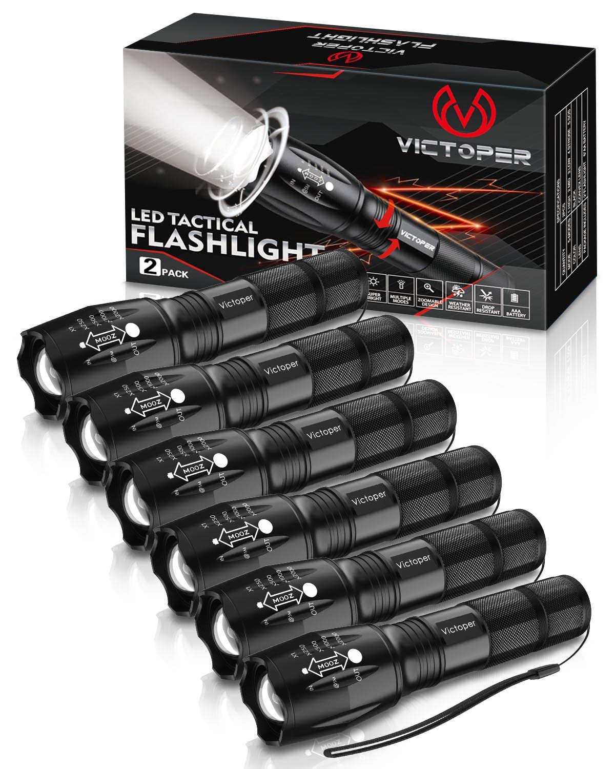 Victoper LED Flashlight 2 Pack, Bright Tactical Torch High Lumens 5 Modes, Waterproof Zoomable Flash Light for Outdoor, Birthday Gifts for Men, Dorm Room Hiking Camping Essentials Gear for Guys