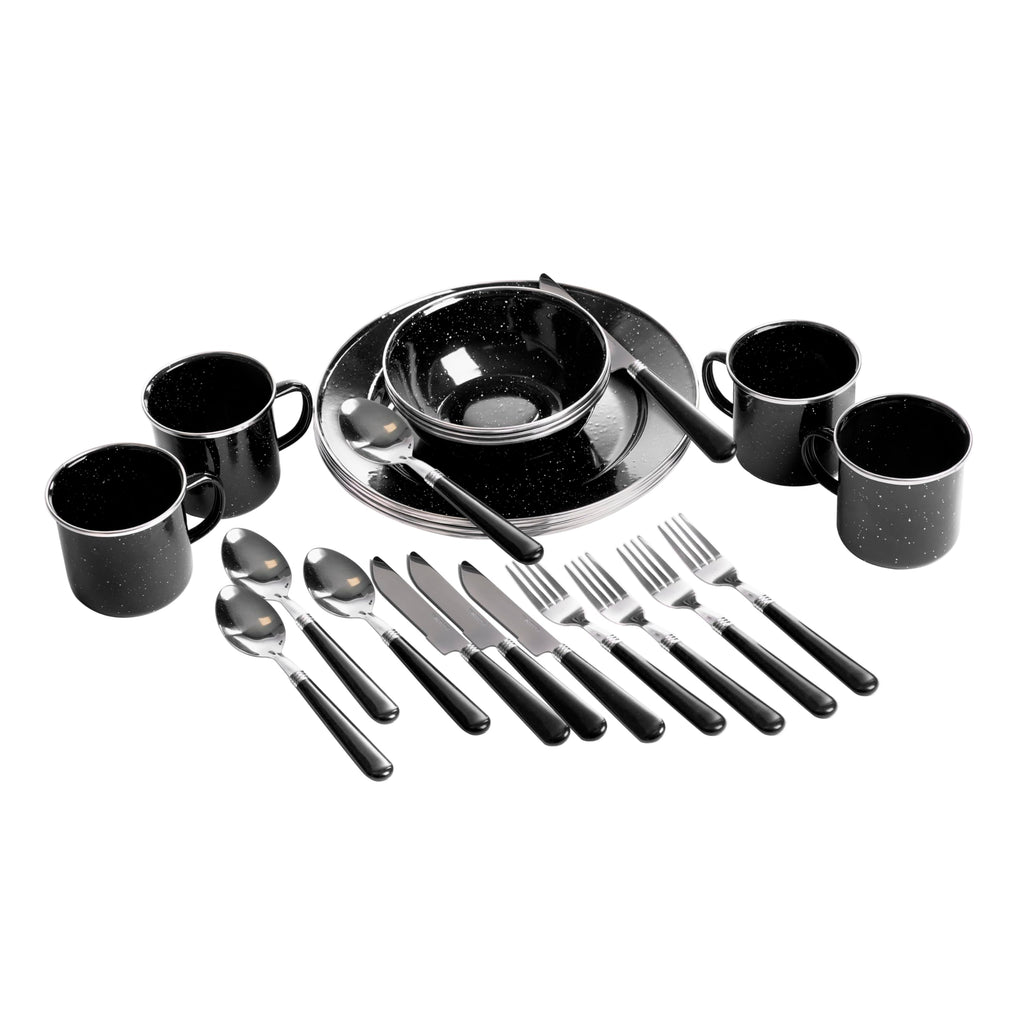Stansport Deluxe 24-Piece Enamel Tableware Set - Enamel Plates and Bowls Lightweight and Durable Camp Dish Set for Camping and Backpacking Plates and Bowls for 4 People
