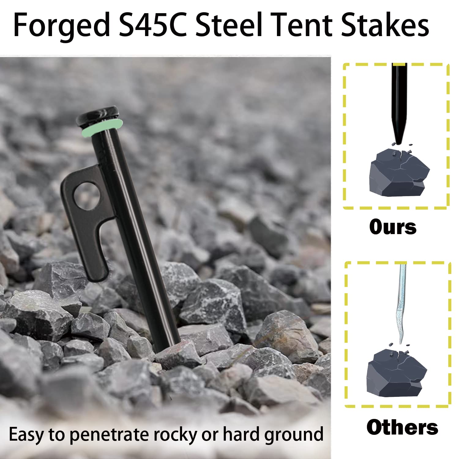 Heavy Duty 12-Pack 10in Forged Steel Tent Stakes + Hammer & Storage Pouch, Ideal for Camping on Rocks & Grassland
