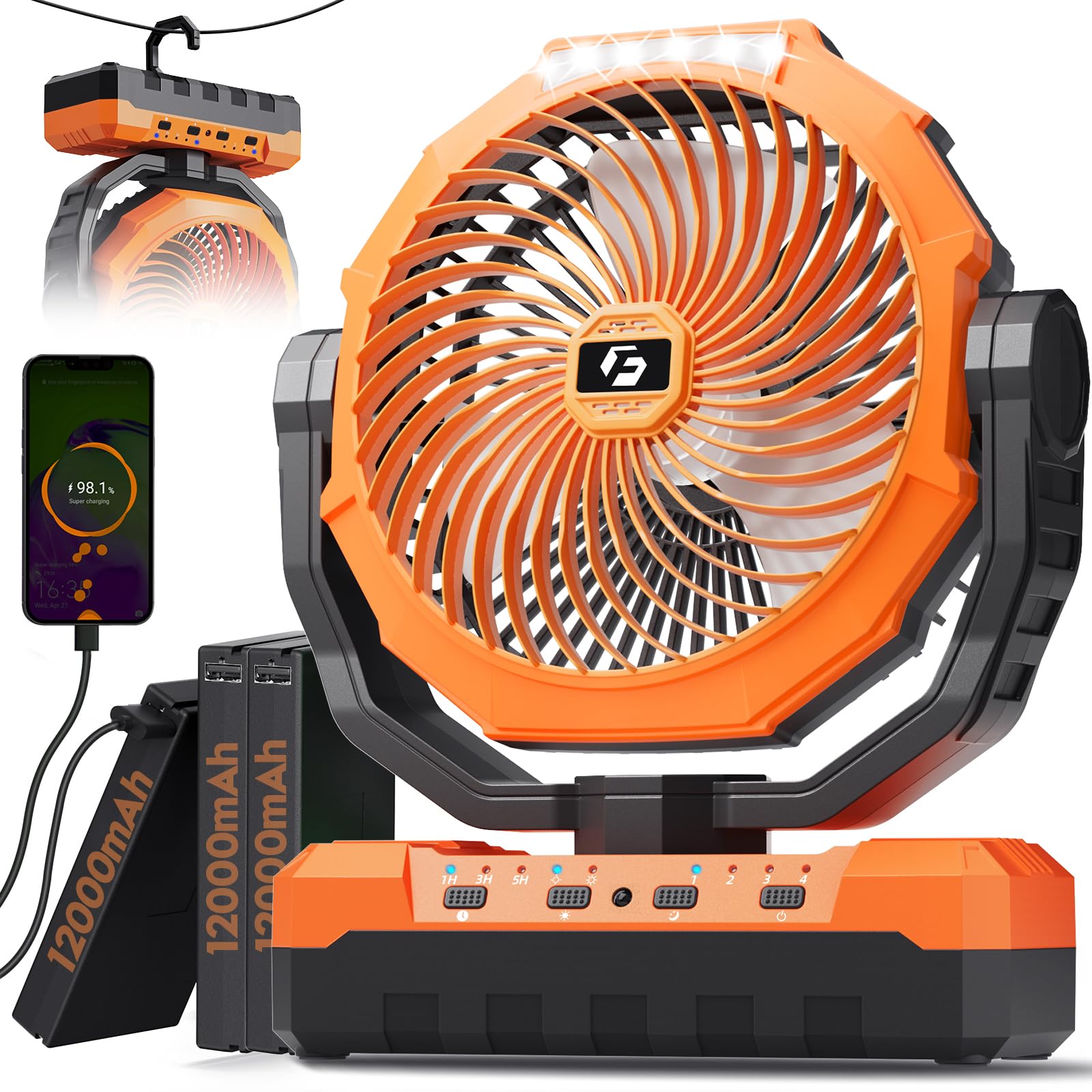 FRIZCOL 3-in-1 Camping Fan - Portable Fans Rechargeable - 24000mAh Battery Powered Fan with Light & Remote for Indoor, Outdoor, Tent, Travel, Fishing, Jobsite, Gifts for Men Dad Him