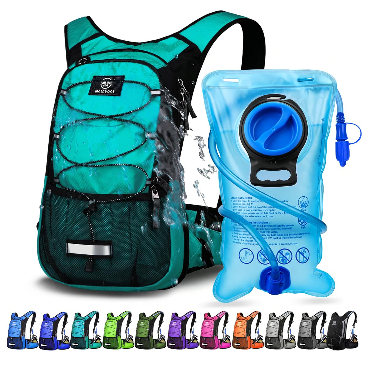 Mothybot Insulated Hydration Backpack Pack with 3L BPA Free Leak Proof Water Bladder, Large Storage Lightweight Hiking Daypack with Waist Pouches & Cooler Layer, for Running, Biking, Camping, Festival