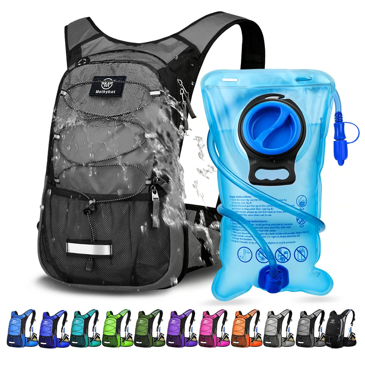 Mothybot Insulated Hydration Backpack Pack with 3L BPA Free Leak Proof Water Bladder, Large Storage Lightweight Hiking Daypack with Waist Pouches & Cooler Layer, for Running, Biking, Camping, Festival