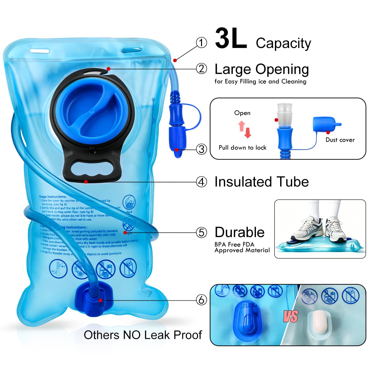 Mothybot Insulated Hydration Backpack Pack with 3L BPA Free Leak Proof Water Bladder, Large Storage Lightweight Hiking Daypack with Waist Pouches & Cooler Layer, for Running, Biking, Camping, Festival