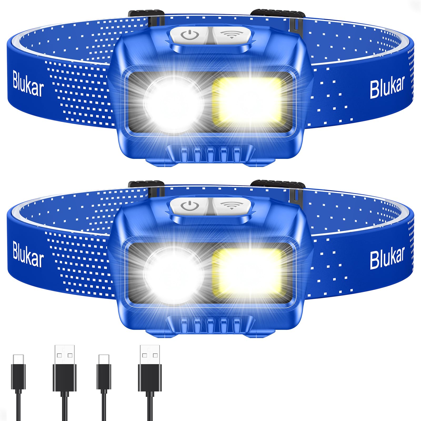 Blukar LED Headlamp Rechargeable, High Lumen Super Bright Dimmable Headlight Flashlight with Motion Sensor- 8 Modes,Spotlight&Floodlight,IPX5 Waterproof for Camping,Hiking,Running,Fishing -2 Pack