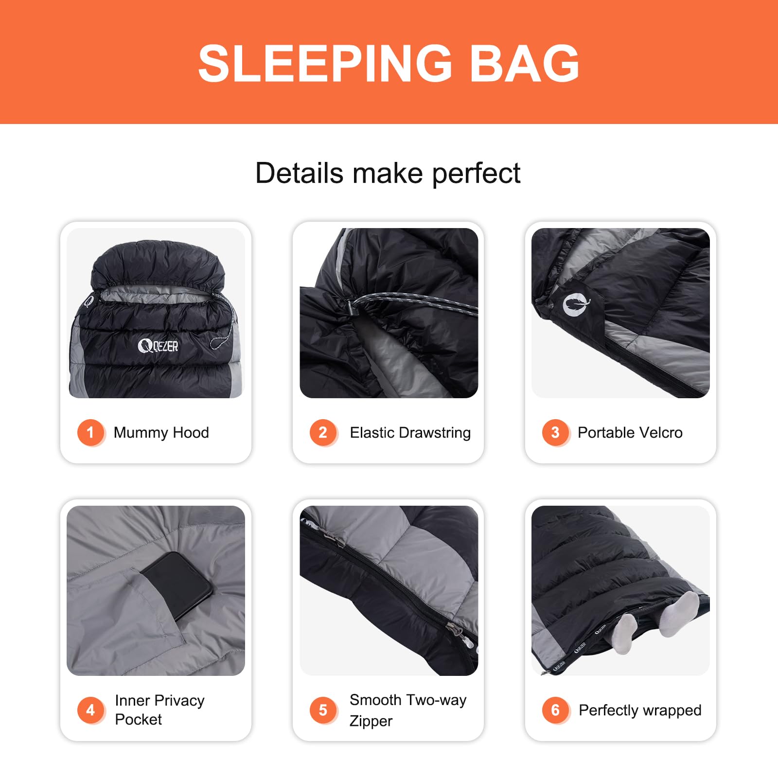 QEZER Down Sleeping Bag for Adults, 600FP Cold Warm Weather Backpacking