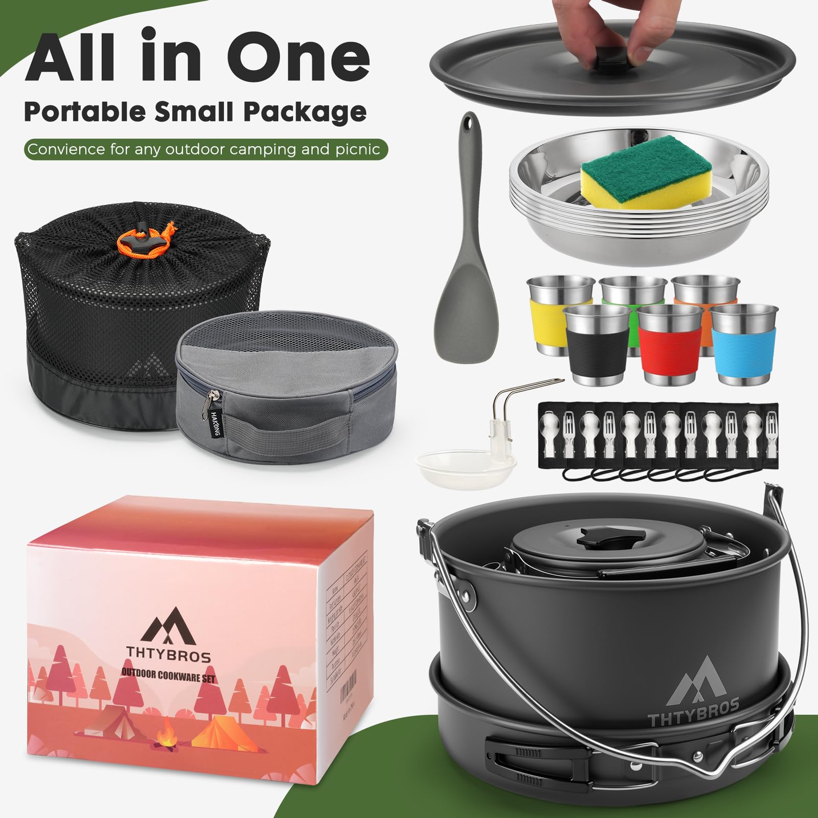 THTYBROS 43-Piece Camping Cookware Set,Large Mess Kit for 6 Persons,with 4.75QT Pot,2.1QT Kettle,Frying Pan,Cups,Utensils and Tableware,Heavy Duty Aluminum Cook Set for Outdoor Camping,Hiking,Picnic