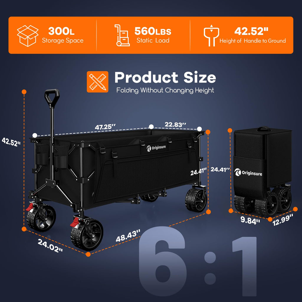 Originsure 48" L Collapsible Wagon Cart Foldable, 560lbs Weight Capacity 300L Heavy Duty Folding Beach Wagons with Big All-Terrain Wheels, Utility Carts for Groceries, Shopping, Camping, Sports