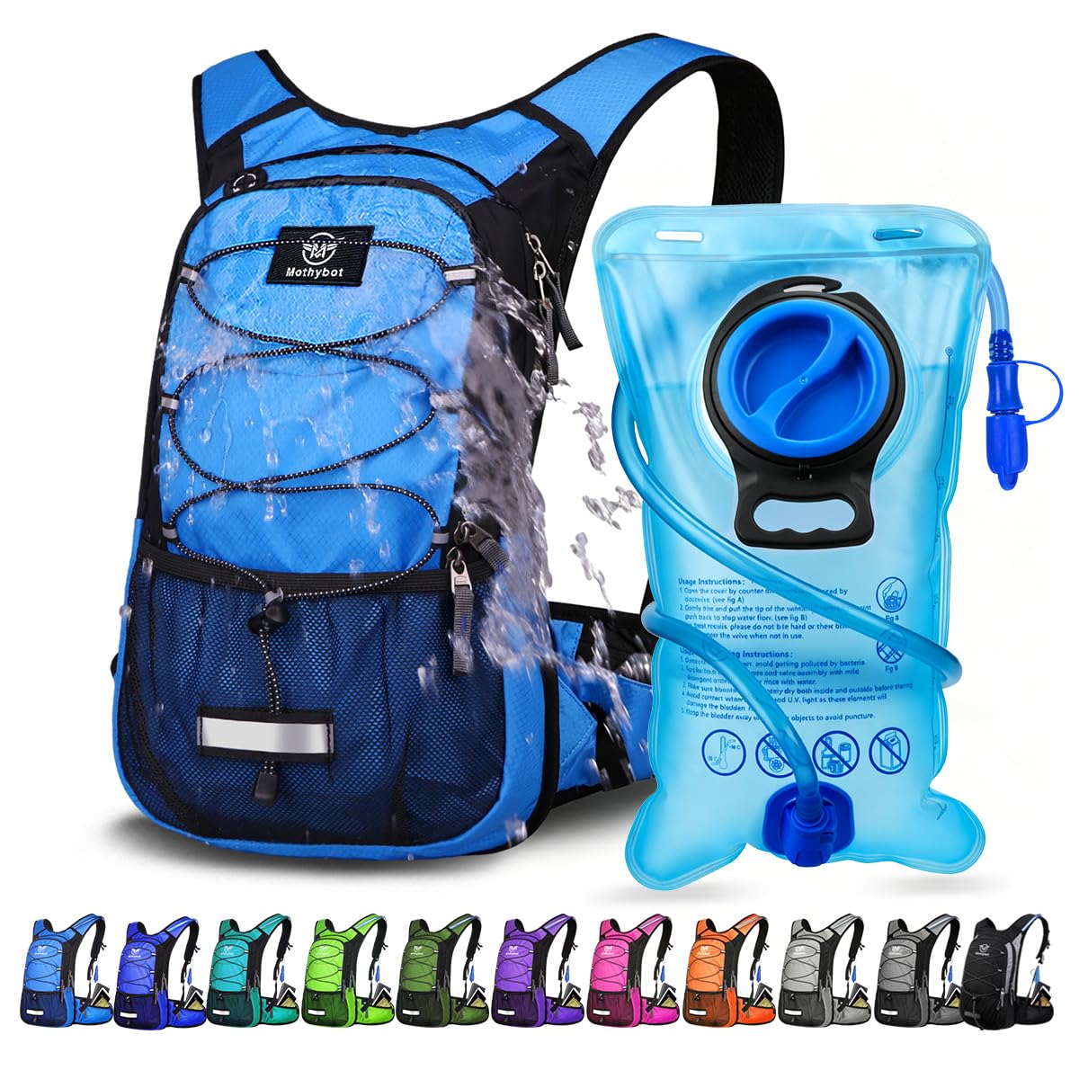 Mothybot Insulated Hydration Backpack Pack with 3L BPA Free Leak Proof Water Bladder, Large Storage Lightweight Hiking Daypack with Waist Pouches & Cooler Layer, for Running, Biking, Camping, Festival