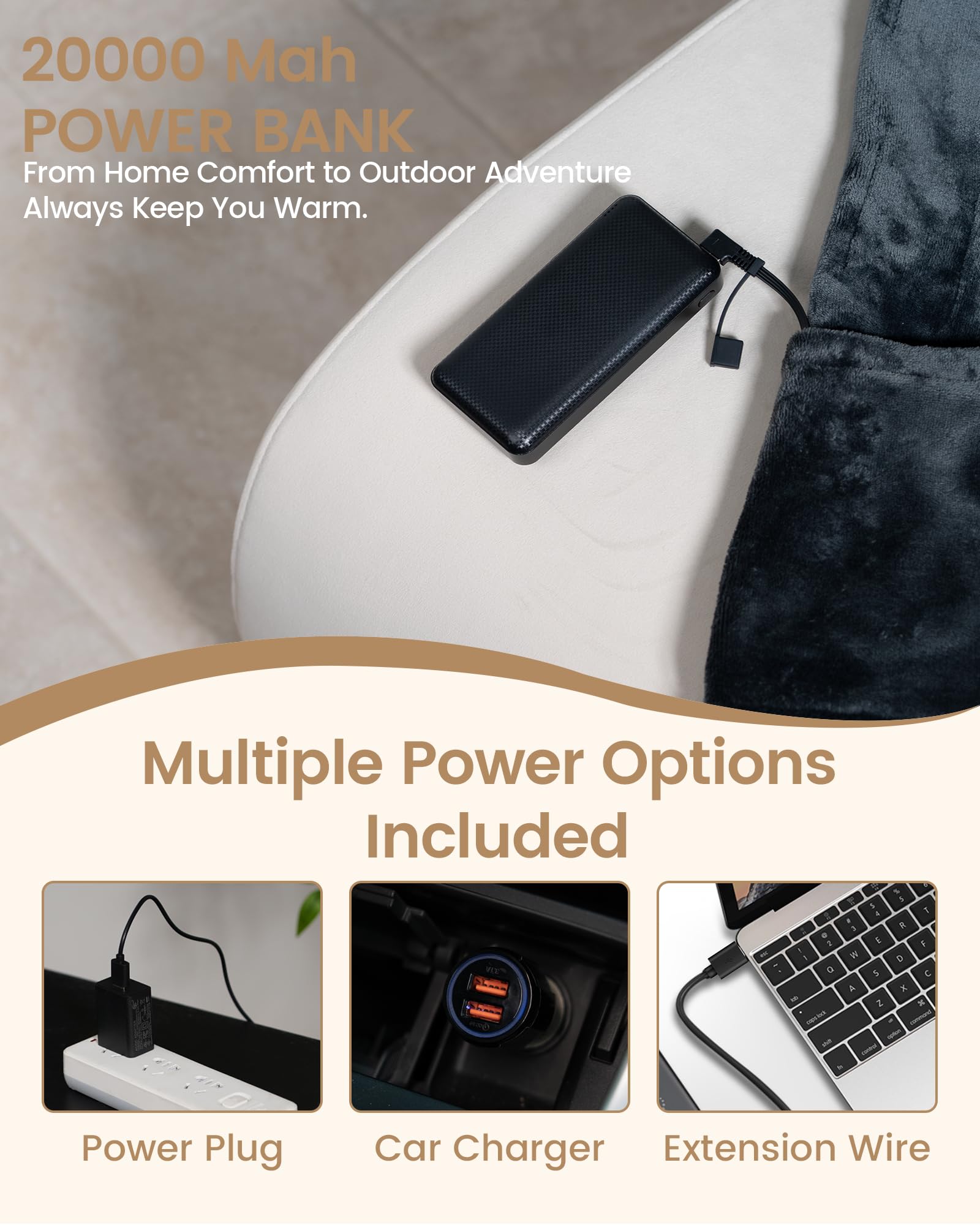 MIMYTH Cordless Heated Blanket with Hood, Rechargeable Wearable Heated Blanket Battery Powered, Lasting Battery, 9 Heating Zones, 3 Levels, Portable Heated Throw, Camping