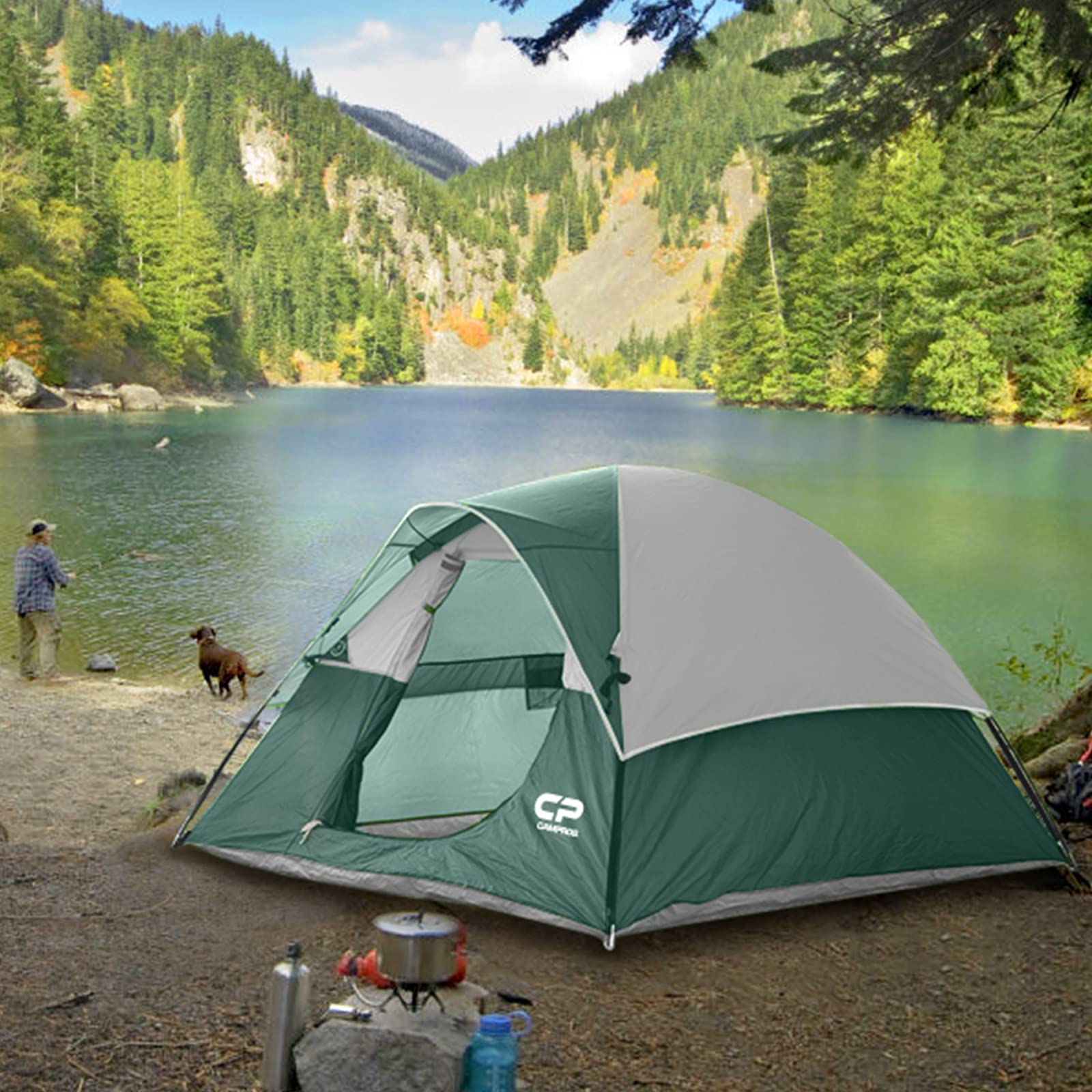 CAMPROS CP 3 Person Tent, Dome Tents for Camping with Rainfly, Waterproof Camping Tent Easy Set Up, Portable Family Tent with Large Mesh Window & Carry Bag for Outdoor Hiking