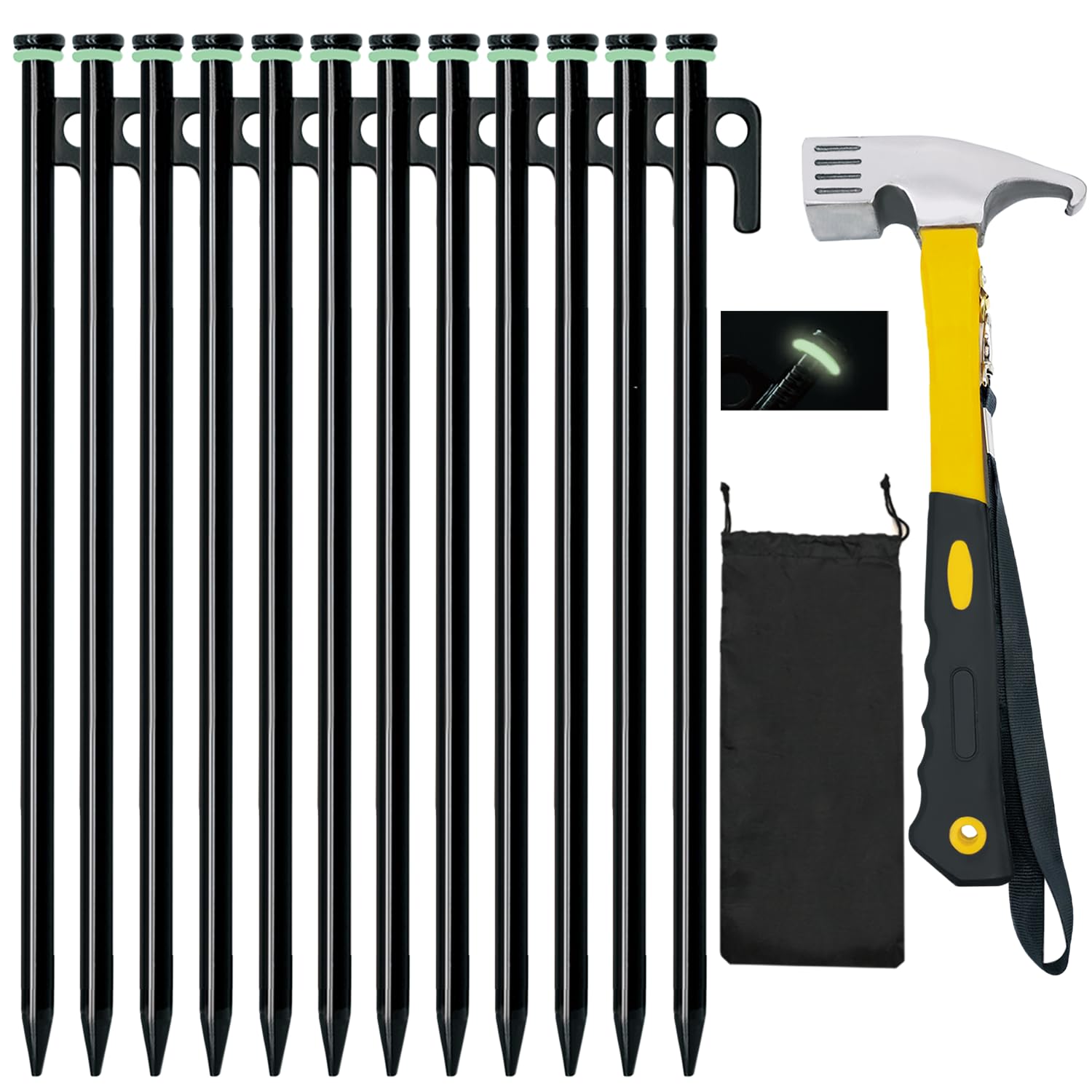 Heavy Duty 12-Pack 10in Forged Steel Tent Stakes + Hammer & Storage Pouch, Ideal for Camping on Rocks & Grassland