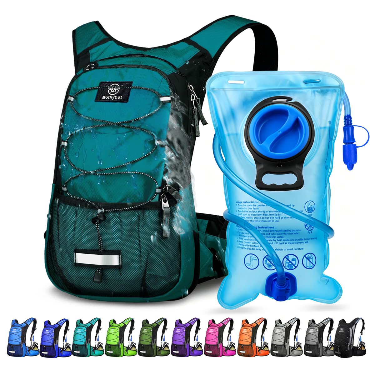Mothybot Insulated Hydration Backpack Pack with 3L BPA Free Leak Proof Water Bladder, Large Storage Lightweight Hiking Daypack with Waist Pouches & Cooler Layer, for Running, Biking, Camping, Festival