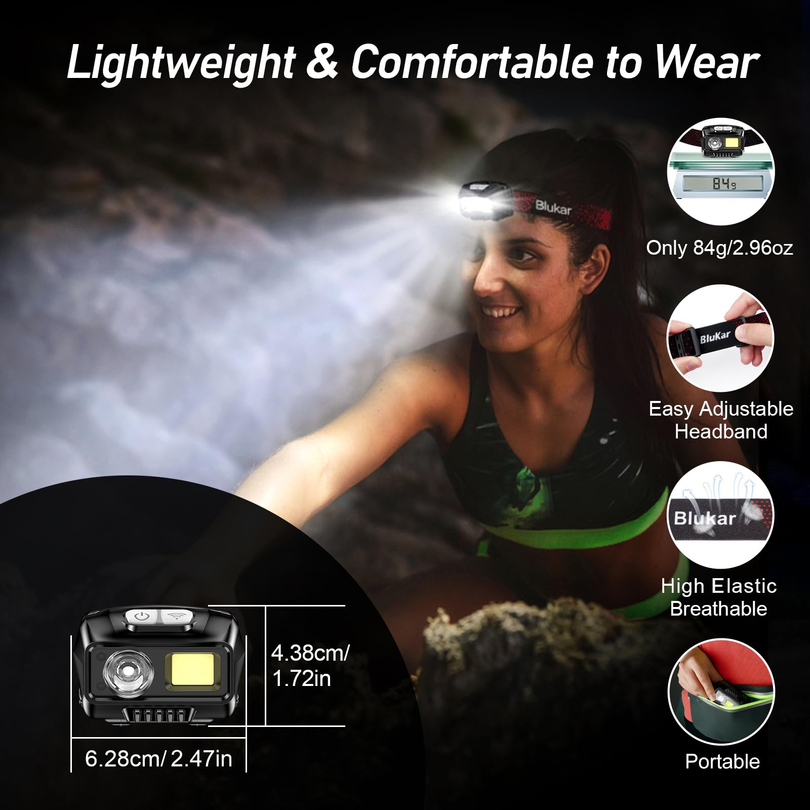 Blukar LED Headlamp Rechargeable, High Lumen Super Bright Dimmable Headlight Flashlight with Motion Sensor- 8 Modes,Spotlight&Floodlight,IPX5 Waterproof for Camping,Hiking,Running,Fishing -2 Pack
