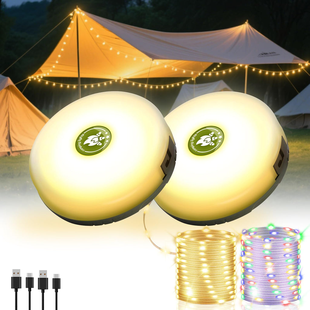 2 Pack Camping String Lights 4 in 1, 8 Modes Rechargeable Fairy Tent Lights