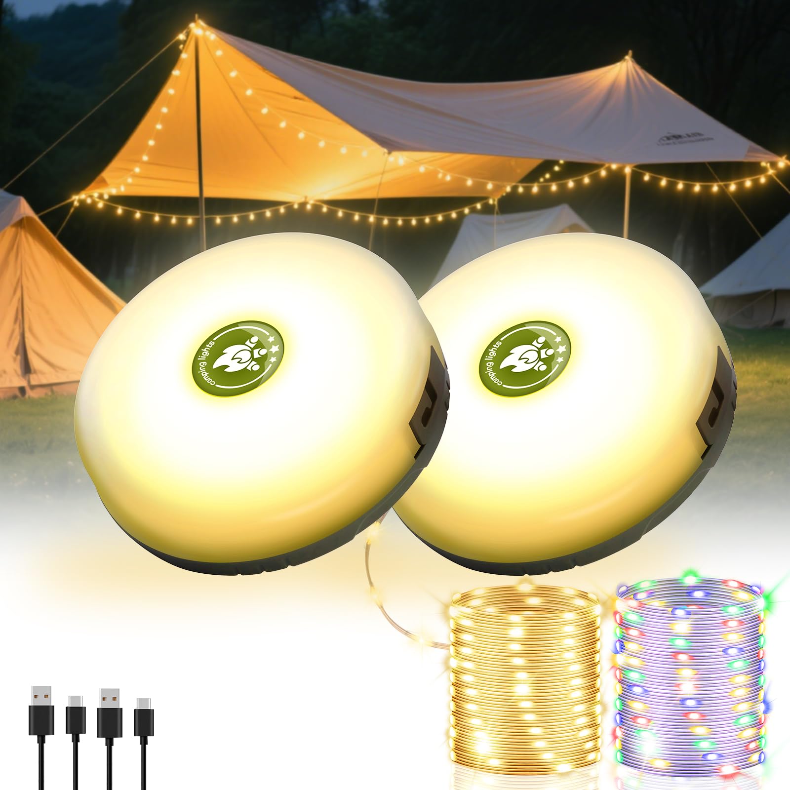 2 Pack Camping String Lights 4 in 1, 8 Modes Rechargeable Fairy Tent Lights