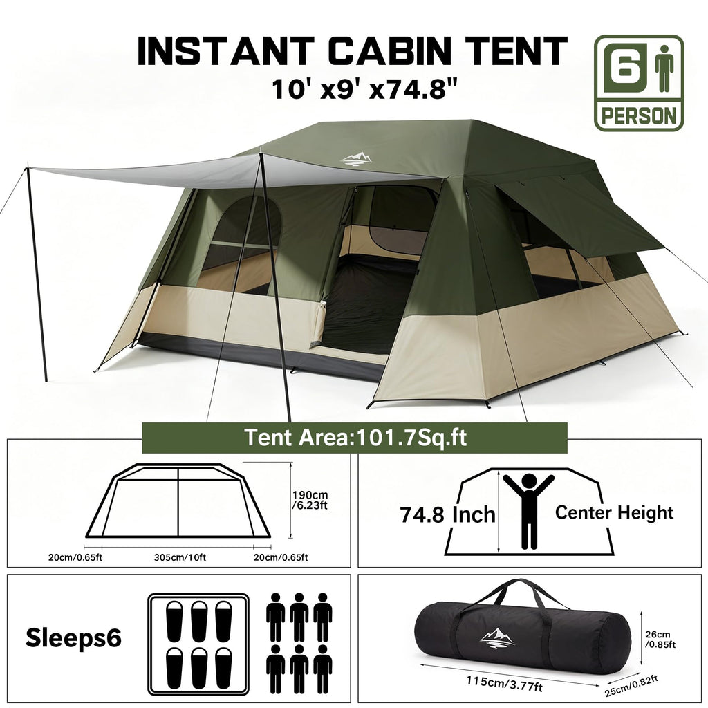 Camping Tent 6 Person Instant Tents - Cabin Tent Easy Setup in 60S with Full Rainfly,Waterproof & Windproof Spacious Breathable Portable with Carry Bag, Large Cabin Tents for Family Camping