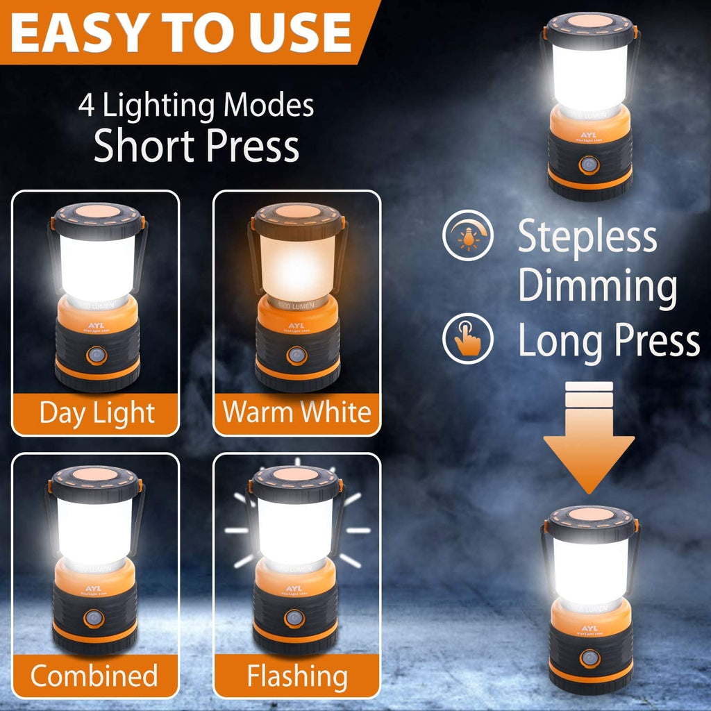 AYL LED Camping Lantern Rechargeable, 1800LM, 4 Light Modes, 4400mAh Power Bank, IP44 Waterproof, Perfect Lantern Flashlight for Hurricane, Emergency, Power Outages, Home and More, USB Cable Included
