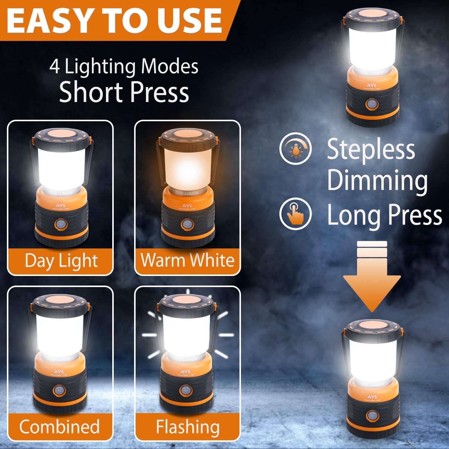 AYL LED Camping Lantern Rechargeable, 1800LM, 4 Light Modes, 4400mAh Power Bank, IP44 Waterproof, Perfect Lantern Flashlight for Hurricane, Emergency, Power Outages, Home and More, USB Cable Included