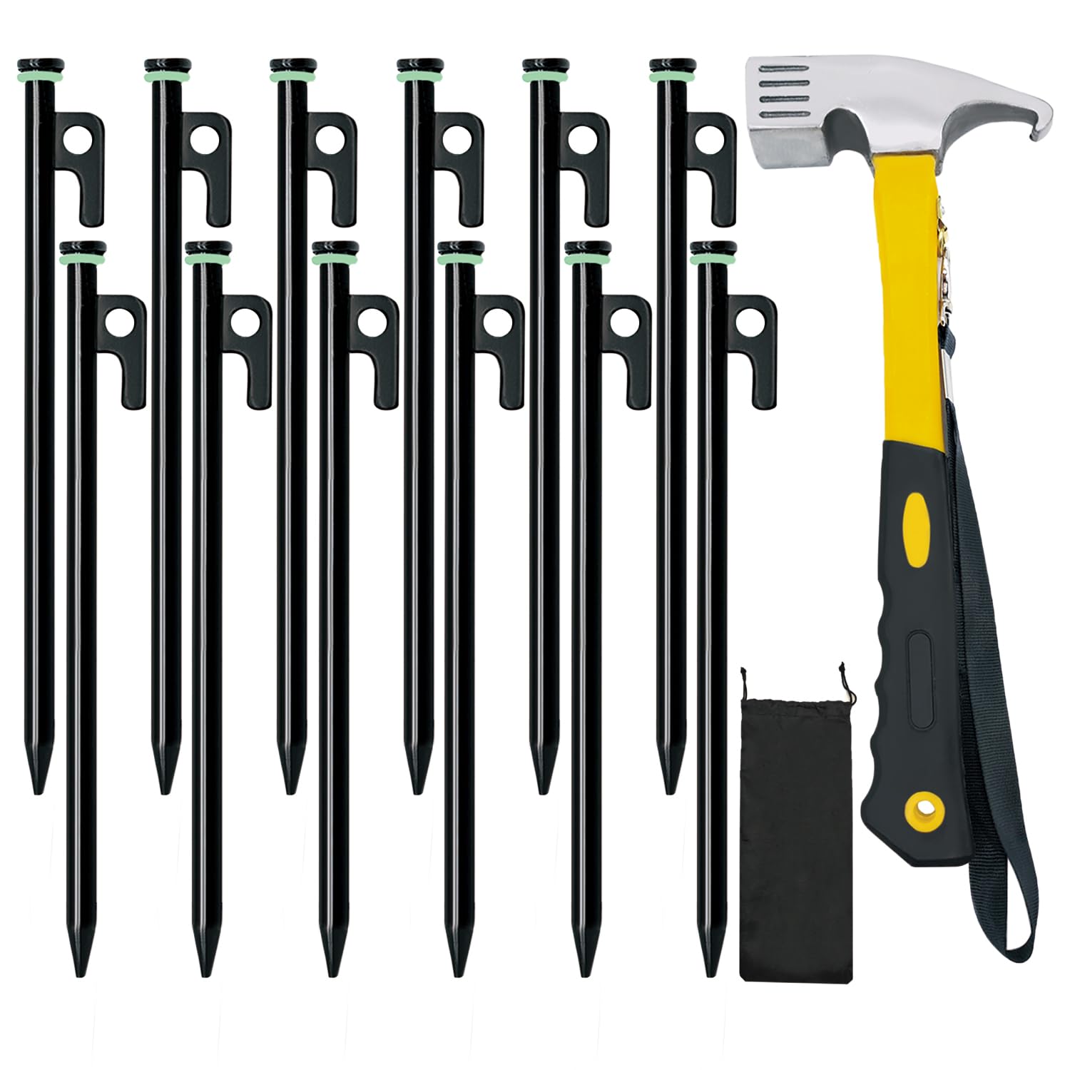 Heavy Duty 12-Pack 10in Forged Steel Tent Stakes + Hammer & Storage Pouch, Ideal for Camping on Rocks & Grassland