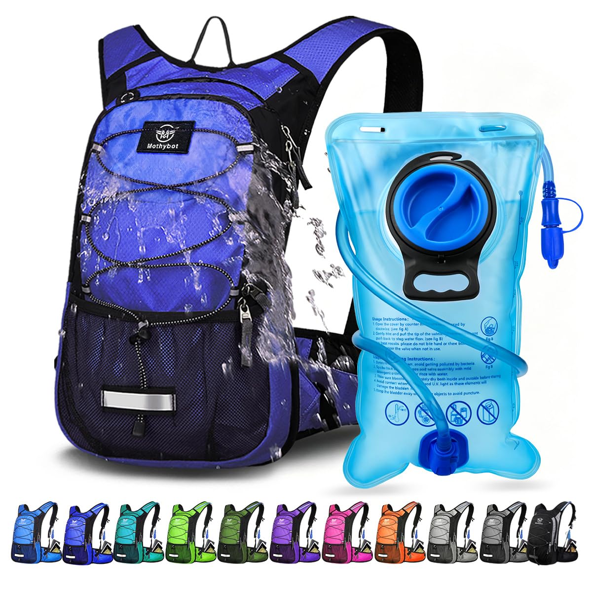 Mothybot Insulated Hydration Backpack Pack with 3L BPA Free Leak Proof Water Bladder, Large Storage Lightweight Hiking Daypack with Waist Pouches & Cooler Layer, for Running, Biking, Camping, Festival