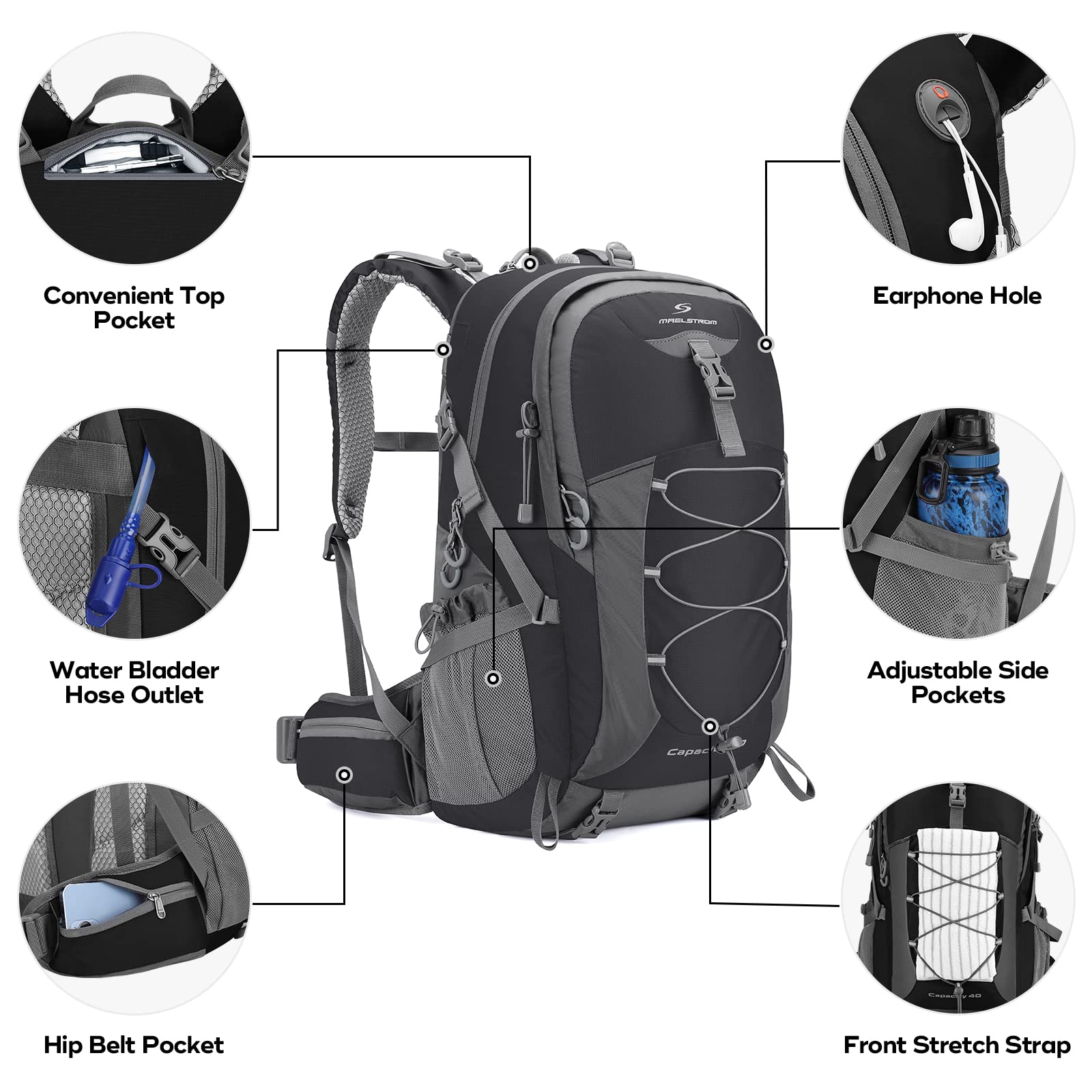 Maelstrom Hiking Backpack, Camping Backpack, 40L/50L Waterproof Hiking Daypack with Rain Cover, Lightweight Travel Backpack