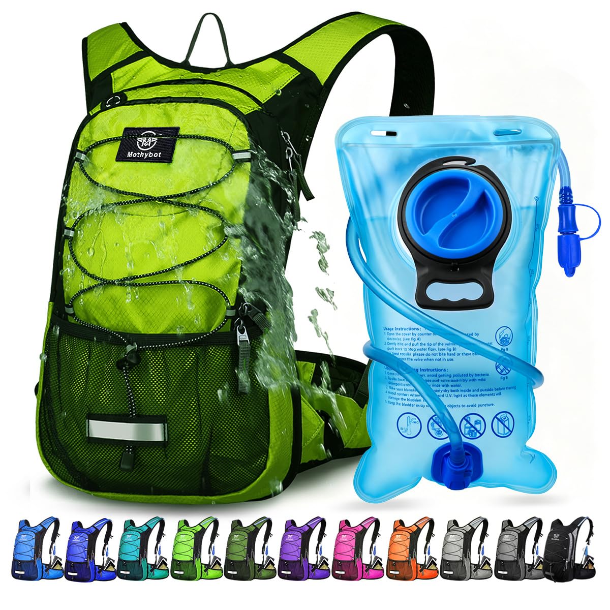 Mothybot Insulated Hydration Backpack Pack with 3L BPA Free Leak Proof Water Bladder, Large Storage Lightweight Hiking Daypack with Waist Pouches & Cooler Layer, for Running, Biking, Camping, Festival