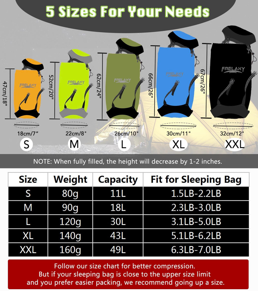 Frelaxy Compression Sack, 40% More Space! Sleeping Bag Stuff Sack