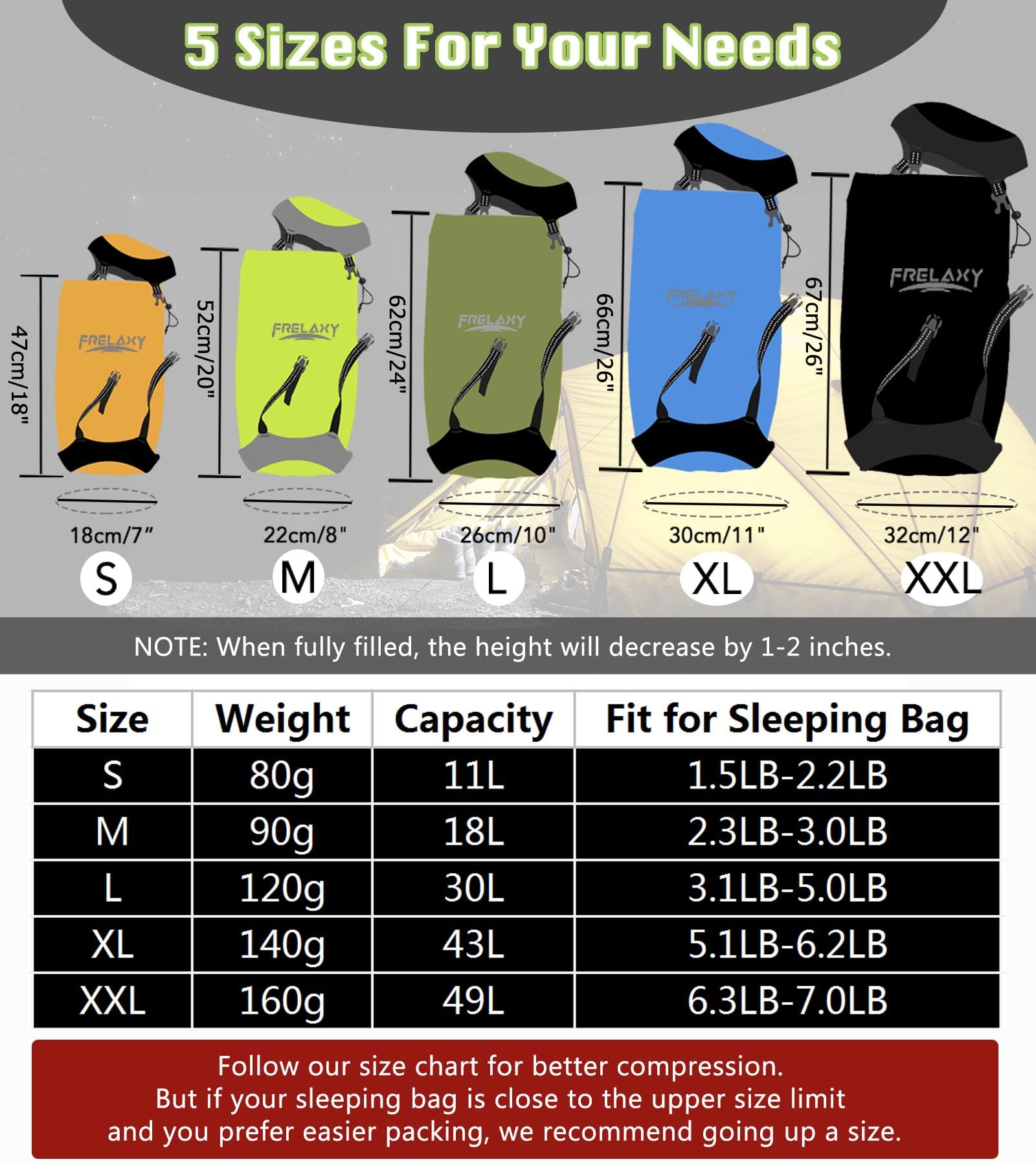 Frelaxy Compression Sack, 40% More Space! Sleeping Bag Stuff Sack