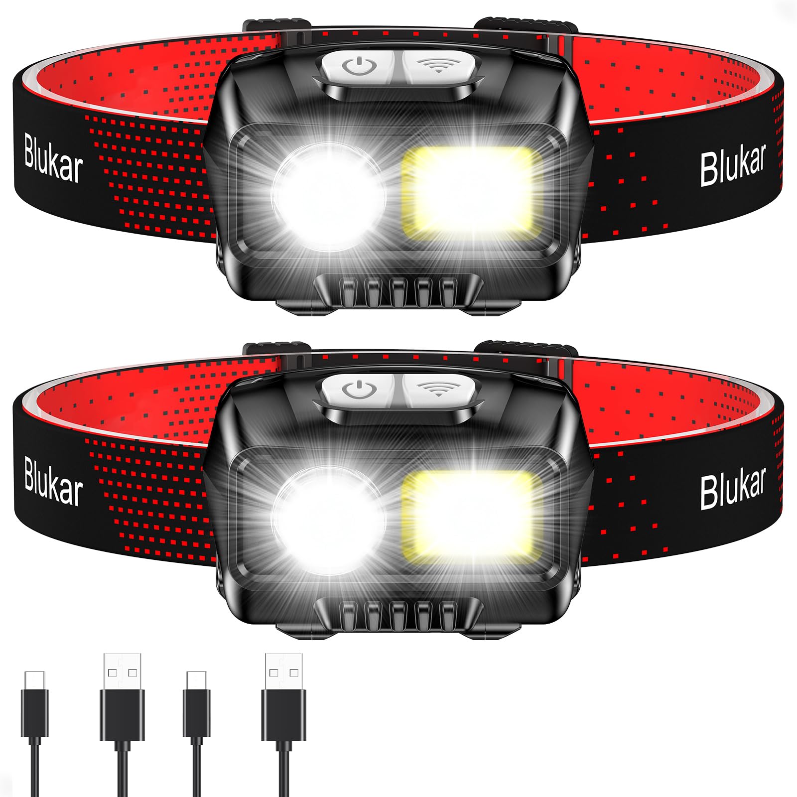 Blukar LED Headlamp Rechargeable, High Lumen Super Bright Dimmable Headlight Flashlight with Motion Sensor- 8 Modes,Spotlight&Floodlight,IPX5 Waterproof for Camping,Hiking,Running,Fishing -2 Pack
