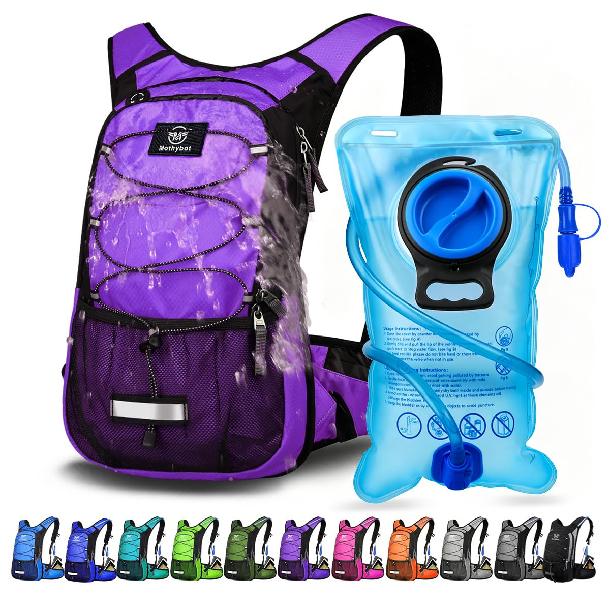 Mothybot Insulated Hydration Backpack Pack with 3L BPA Free Leak Proof Water Bladder, Large Storage Lightweight Hiking Daypack with Waist Pouches & Cooler Layer, for Running, Biking, Camping, Festival