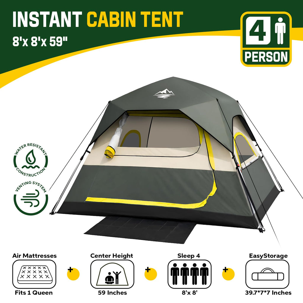 Tent 4 Person Tents for Camping - Instant Cabin Tent Setup in 50 Seconds with Rainfly & Windproof, Portable Pop Up Tents with Carry Bag for Family Outdoor Camping & Hiking