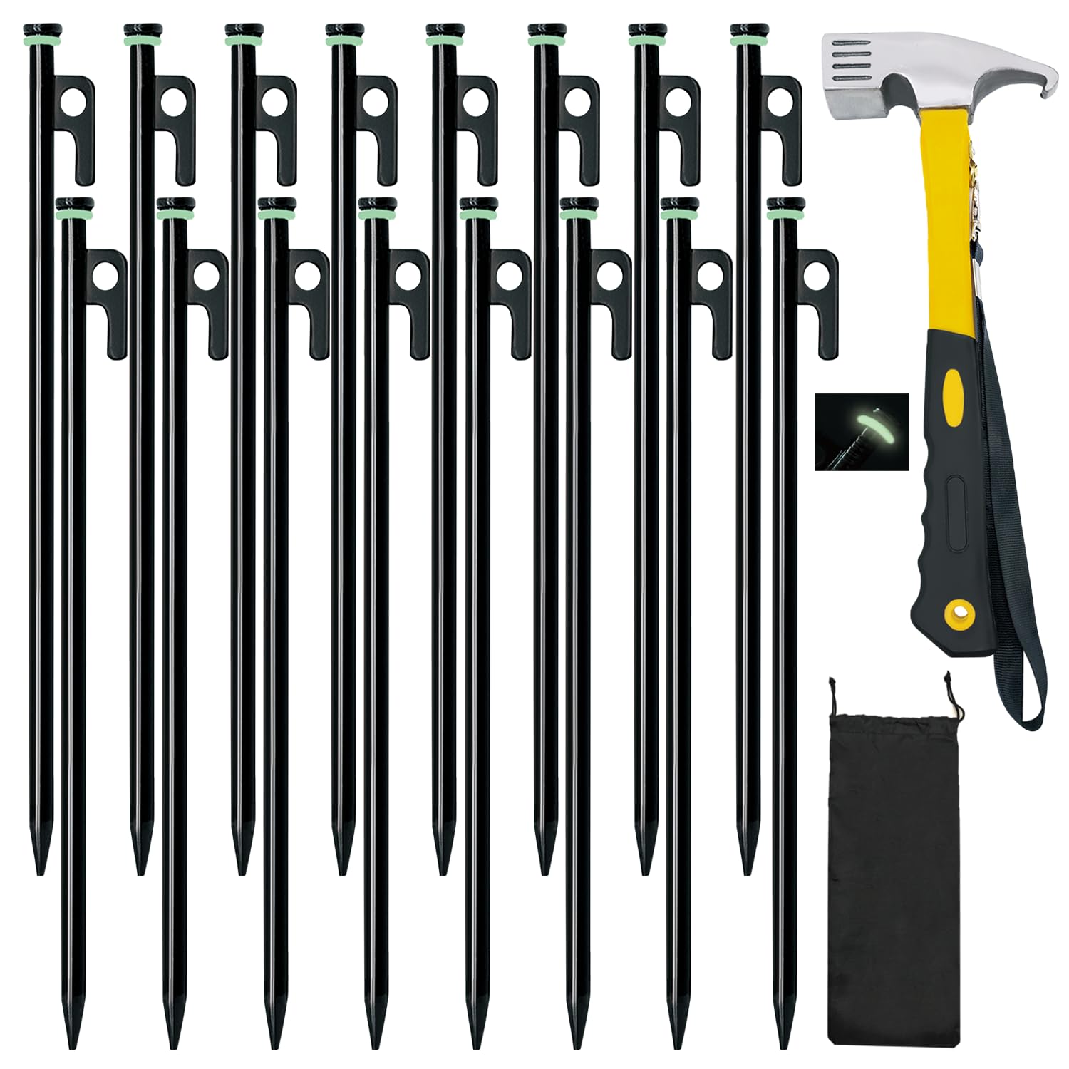 Heavy Duty 12-Pack 10in Forged Steel Tent Stakes + Hammer & Storage Pouch, Ideal for Camping on Rocks & Grassland
