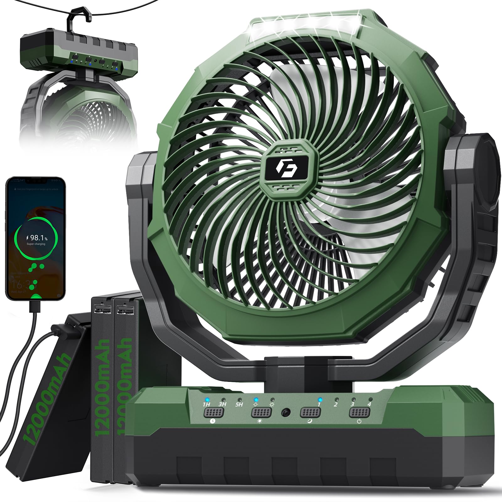 FRIZCOL 3-in-1 Camping Fan - Portable Fans Rechargeable - 24000mAh Battery Powered Fan with Light & Remote for Indoor, Outdoor, Tent, Travel, Fishing, Jobsite, Gifts for Men Dad Him