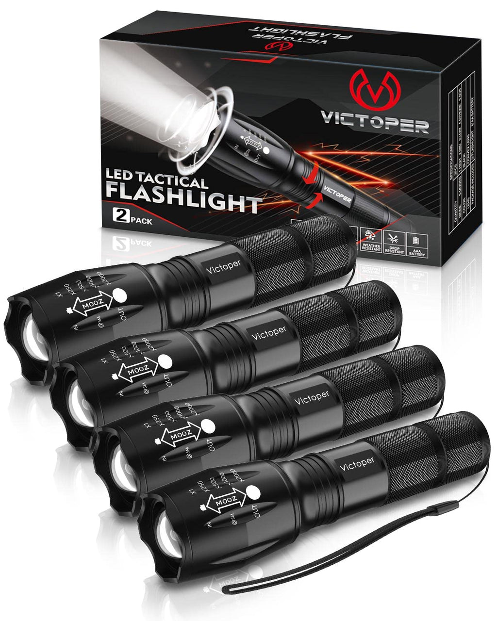 Victoper LED Flashlight 2 Pack, Bright Tactical Torch High Lumens 5 Modes, Waterproof Zoomable Flash Light for Outdoor, Birthday Gifts for Men, Dorm Room Hiking Camping Essentials Gear for Guys