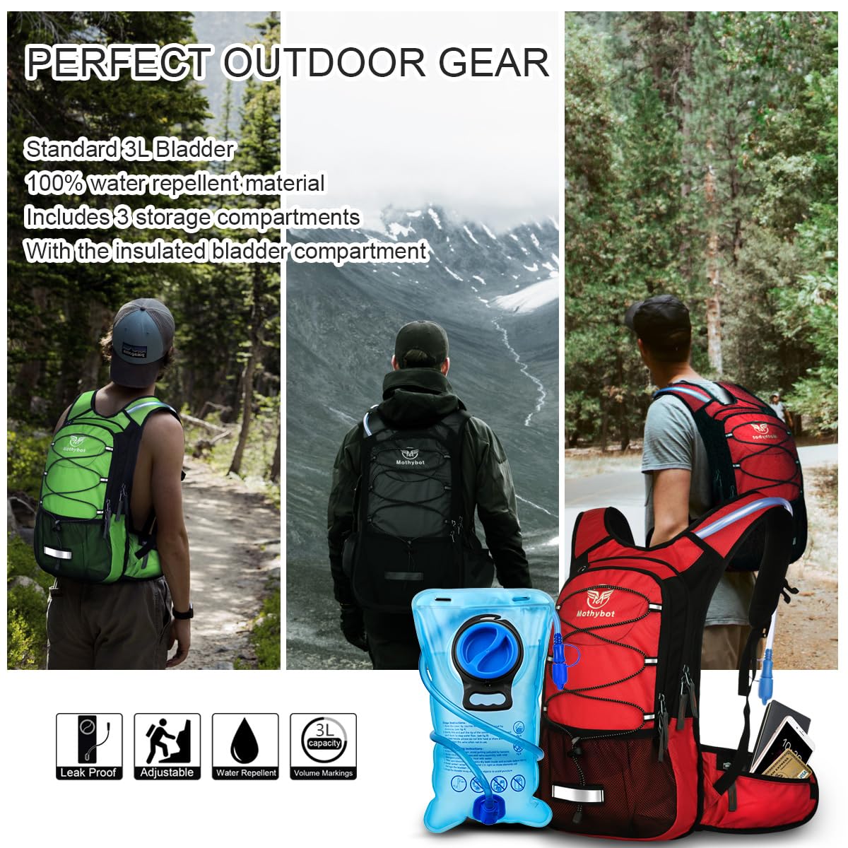 Mothybot Insulated Hydration Backpack Pack with 3L BPA Free Leak Proof Water Bladder, Large Storage Lightweight Hiking Daypack with Waist Pouches & Cooler Layer, for Running, Biking, Camping, Festival